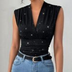Black Sparkly Sleeveless V-Neck Wrap Top for Women – Ruched Waist Elegant Party Blouse | Chic Day-to-Night Top - 图片 6