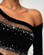 Black One-Shoulder Rhinestone Mesh Crop Top for Women – Long Sleeve Sheer Cutout Party Top | Night Out Statement Top - 图片 2