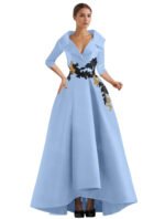 Elegant Champagne High-Low Evening Dress – V-Neck Structured Gown with Embroidered Appliqué - 图片 20