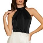 Luxury Satin Halter Neck Blouse for Women – Elegant Sleeveless High-Neck Top in Red, Teal & Black - 图片 8