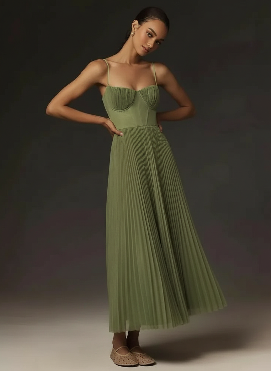 Sb9798dac12fc4a8fb90baec4e2aaa5f3O Sage Green Pleated Midi Dress – Corset-Style Spaghetti Strap Elegant Dress - 图片 1
