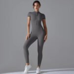 Women’s Zip-Front Short Sleeve Sculpting Fitness Jumpsuit – Bodycon Activewear Romper with Tummy Control - 图片 12