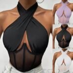 Elegant Halter Neck Mesh Corset Top for Women | Sheer Panel Wrap Neck Crop Top | Clubwear & Night Out Fashion - 图片 12
