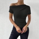 Beige One-Shoulder Ruched Crop Top for Women – Asymmetrical Short Sleeve Fitted Top | Minimalist Chic Essential - 图片 3
