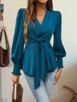 Teal Long Sleeve Wrap Blouse for Women – V-Neck Tie-Front Elegant Top | Chic Everyday & Workwear Blouse - 图片 9