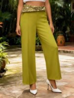 Burgundy High Waist Wide Leg Pants with Sequin Waistband | Elegant Dressy Women’s Trousers - 图片 2