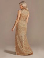 Gold Sequin Sleeveless Maxi Dress for Women | V-Neck Ruched Evening Gown with Slit - 图片 2