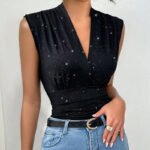Black Sparkly Sleeveless V-Neck Wrap Top for Women – Ruched Waist Elegant Party Blouse | Chic Day-to-Night Top - 图片 2