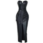 Black Strapless Faux Leather Midi Dress for Women | Corset Waist Button Detail Slit Dress - 图片 4