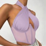 Elegant Halter Neck Mesh Corset Top for Women | Sheer Panel Wrap Neck Crop Top | Clubwear & Night Out Fashion - 图片 3