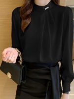 Elegant Pearl Button Chiffon Blouse – Light Blue Long Sleeve Office Top - 图片 3