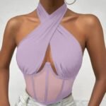 Elegant Halter Neck Mesh Corset Top for Women | Sheer Panel Wrap Neck Crop Top | Clubwear & Night Out Fashion - 图片 14