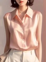 Sleeveless Satin Blouse for Women – Elegant Button-Front Top - 图片 9