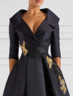 Elegant Champagne High-Low Evening Dress – V-Neck Structured Gown with Embroidered Appliqué - 图片 4