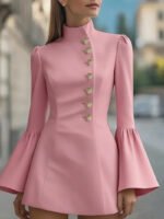 Elegant White High-Neck Mini Dress for Women | Gold Button Long Sleeve Structured Dress - 图片 9
