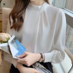 Elegant Pearl Button Chiffon Blouse – Light Blue Long Sleeve Office Top - 图片 9
