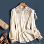 Elegant Ivory Lace Trim Blouse for Women – Long Sleeve Button-Up High Neck Top | Classic Boutique Blous - 图片 3