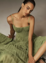 Sage Green Pleated Midi Dress – Corset-Style Spaghetti Strap Elegant Dress - 图片 4
