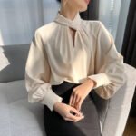 Elegant Twist-Neck Satin Blouse for Women – Long Sleeve Formal Top - 图片 5