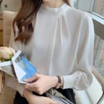 Elegant Pearl Button Chiffon Blouse – Light Blue Long Sleeve Office Top - 图片 12