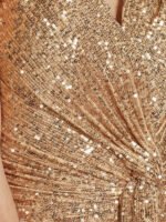 Gold Sequin Sleeveless Maxi Dress for Women | V-Neck Ruched Evening Gown with Slit - 图片 6
