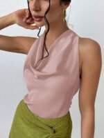 Elegant Satin Halter Blouse for Women – Sleeveless Bow Neck Office Lady Top - 图片 20