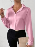 Women’s Satin Long Sleeve Blouse – Hot Pink Silk-Feel Button-Up Shirt | Elegant Loose Office & Casual Top - 图片 7