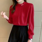 Elegant Pearl Button Chiffon Blouse – Light Blue Long Sleeve Office Top - 图片 14