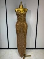 Luxury Champagne Crystal Embellished Maxi Gown – Spaghetti Strap Elegant Evening Dress - 图片 9