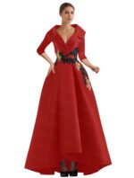 Elegant Champagne High-Low Evening Dress – V-Neck Structured Gown with Embroidered Appliqué - 图片 9