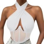 Elegant Halter Neck Mesh Corset Top for Women | Sheer Panel Wrap Neck Crop Top | Clubwear & Night Out Fashion - 图片 8