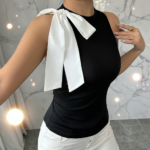 Elegant Black Sleeveless Top with White Bow – Chic High-Neck Women’s Blouse | Modern Boutique Style - 图片 5
