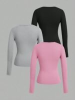 Long-Sleeve V-Neck Fitted Top – Soft Stretch Everyday Essential - 图片 2