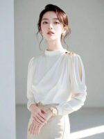 Luxury Ivory Chiffon Blouse with Gold Button Shoulder & Sheer Sleeves - 图片 4