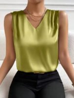 Red Sleeveless V-Neck Blouse for Women – Elegant Satin-Feel Tank Top | Chic Everyday & Workwear Essential - 图片 13