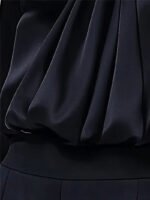 Black Satin High-Neck Blouse with Crystal Accent|Elegant Jewel Neck Long Sleeve Satin Blouse - 图片 8