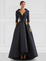 Elegant Champagne High-Low Evening Dress – V-Neck Structured Gown with Embroidered Appliqué - 图片 2