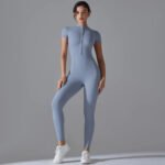 Women’s Zip-Front Short Sleeve Sculpting Fitness Jumpsuit – Bodycon Activewear Romper with Tummy Control - 图片 16