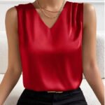 Red Sleeveless V-Neck Blouse for Women – Elegant Satin-Feel Tank Top | Chic Everyday & Workwear Essential - 图片 8
