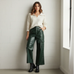 Luxury Forest Green PU Leather Wide-Leg Cargo Pants – High-Waist Cropped Vegan Leather Trousers for Women - 图片 2