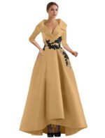 Elegant Champagne High-Low Evening Dress – V-Neck Structured Gown with Embroidered Appliqué - 图片 13