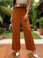 Burgundy High Waist Wide Leg Pants with Sequin Waistband | Elegant Dressy Women’s Trousers - 图片 8