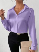Women’s Satin Long Sleeve Blouse – Hot Pink Silk-Feel Button-Up Shirt | Elegant Loose Office & Casual Top - 图片 8
