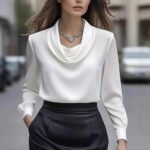 Luxury Draped Satin Blouse for Women – Elegant Long Sleeve Cowl Neck Top