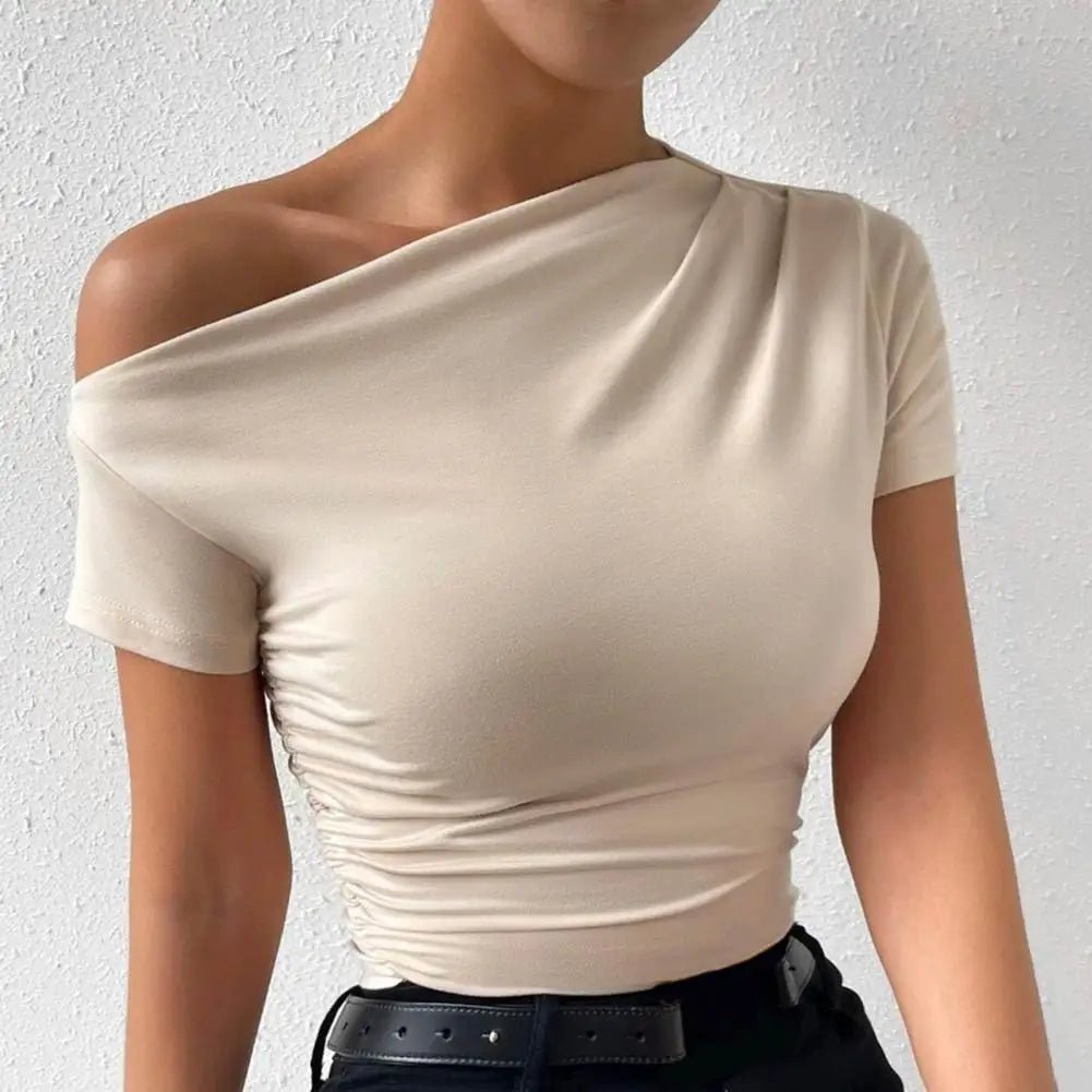 Sed1b9fc415844b4c8b1815a473c978efo Beige One-Shoulder Ruched Crop Top for Women – Asymmetrical Short Sleeve Fitted Top | Minimalist Chic Essential - 图片 1