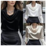 Luxury Draped Satin Blouse for Women – Elegant Long Sleeve Cowl Neck Top - 图片 3