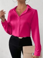 Women’s Satin Long Sleeve Blouse – Hot Pink Silk-Feel Button-Up Shirt | Elegant Loose Office & Casual Top