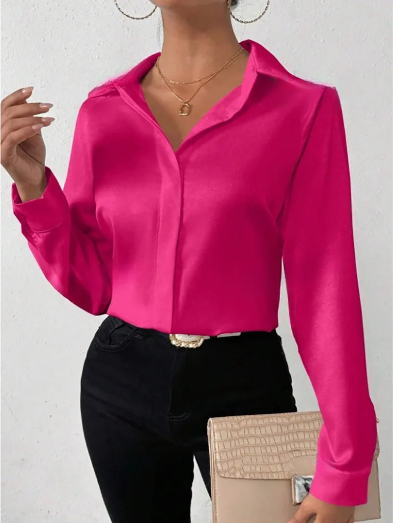 Sef2c6385ea0a4e8e9b94c59a90a73d388 Women’s Satin Long Sleeve Blouse – Hot Pink Silk-Feel Button-Up Shirt | Elegant Loose Office & Casual Top - 图片 1