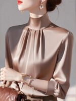 Luxury Satin Pleated Blouse – Elegant Long Sleeve Silky Top for Women - 图片 4