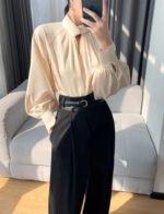 Elegant Twist-Neck Satin Blouse for Women – Long Sleeve Formal Top - 图片 11